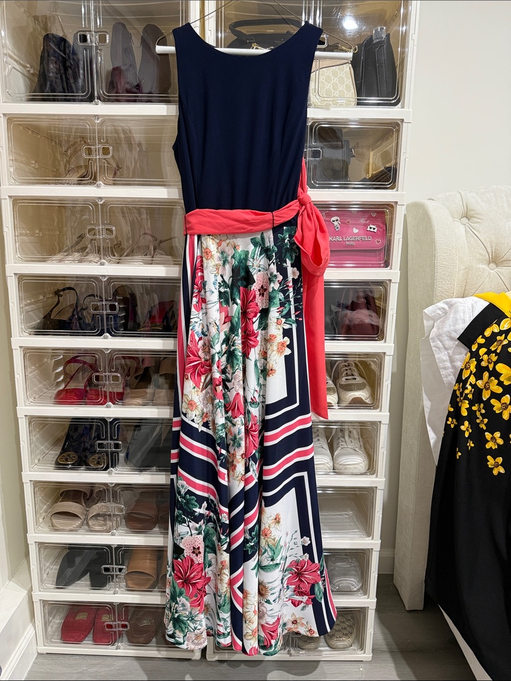Eliza J Navy Floral Maxi Dress with Coral Sash